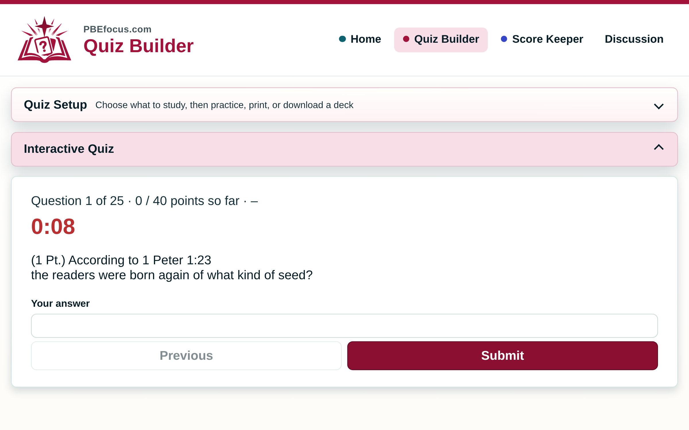 PBE Quiz Builder in the middle of an interactive quiz: ruby accent header with the Quiz Builder mark, a timed question, and the answer box.