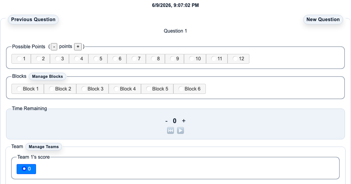 PBE Score Keeper live interface showing question scoring controls.